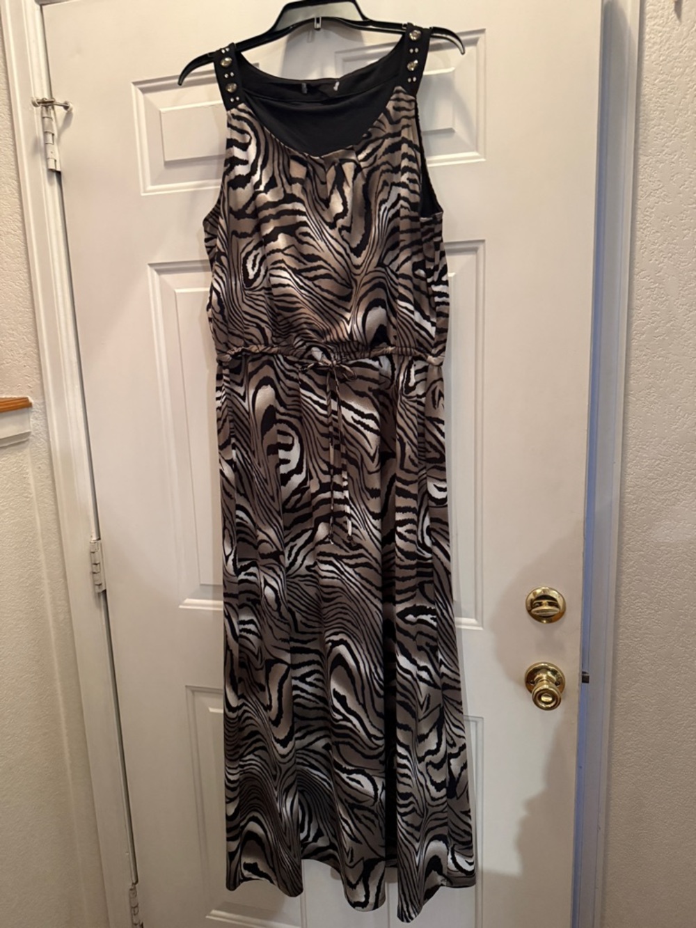 Sleeveless Zebra-Print Maxi Dress with Studded Shoulders